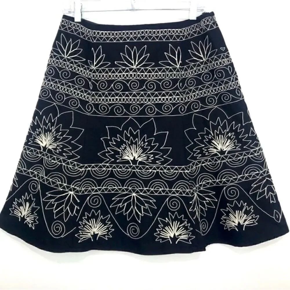 Talbots Black White Embroidered Stitch A Line Bohemian Skirt